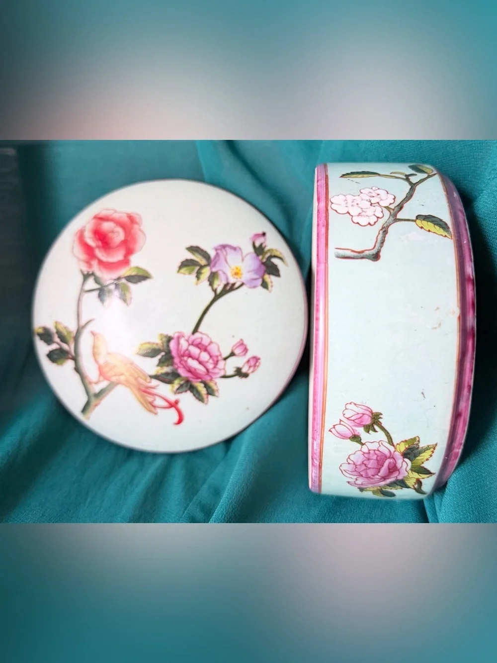 2 Candy Dishes One Hammered Gold and One Blue Floral ceramic